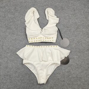 Duskii Bikini Swimsuit Womens XS White Sunrise Ruffle High Waist 2PC New